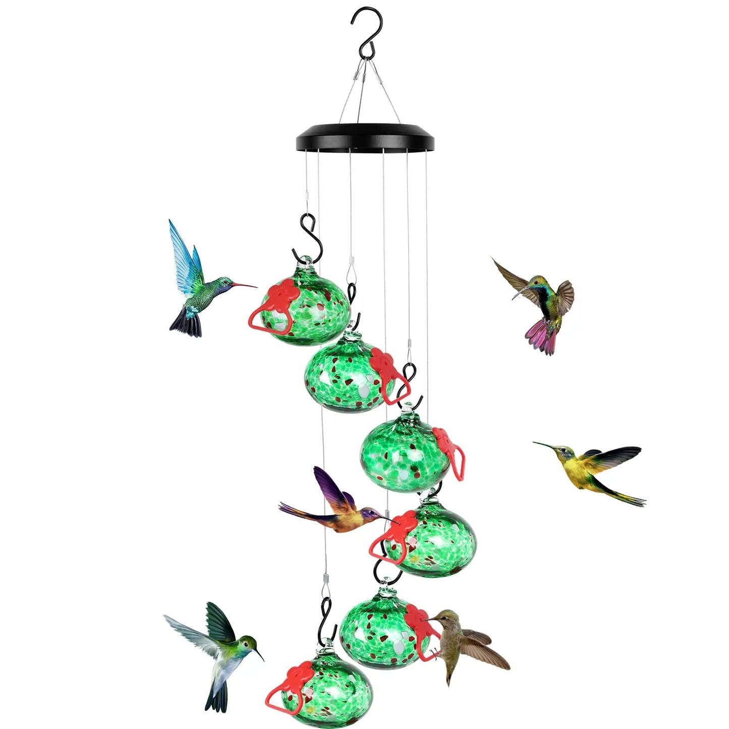 Hummingbird Feeder with Perch - 6 Hand-Blown Glass Feeders, 12 Silicone Flower Ports (Standard + Perch Style), Wind Chime Cascade Design, Outdoor Garden Decor, Mom & Grandma Gift