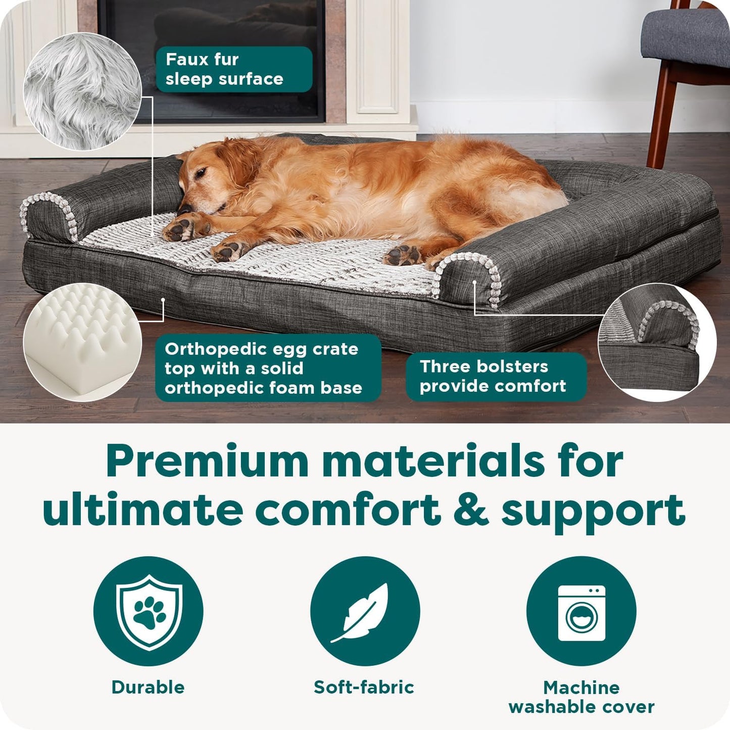 Orthopedic Dog Bed for Large/Medium Dogs W/ Removable Bolsters & Washable Cover, for Dogs up to 55 Lbs - Luxe Faux Fur & Performance Linen Sofa - Charcoal, Large