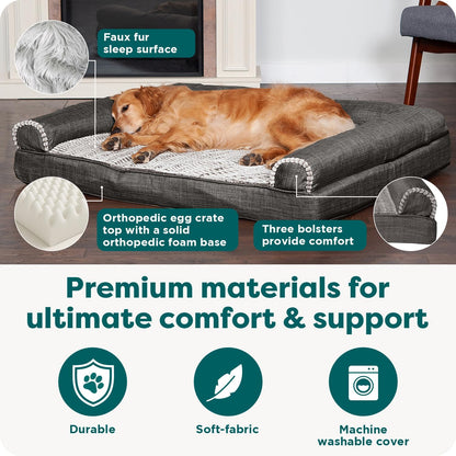 Orthopedic Dog Bed for Large/Medium Dogs W/ Removable Bolsters & Washable Cover, for Dogs up to 55 Lbs - Luxe Faux Fur & Performance Linen Sofa - Charcoal, Large