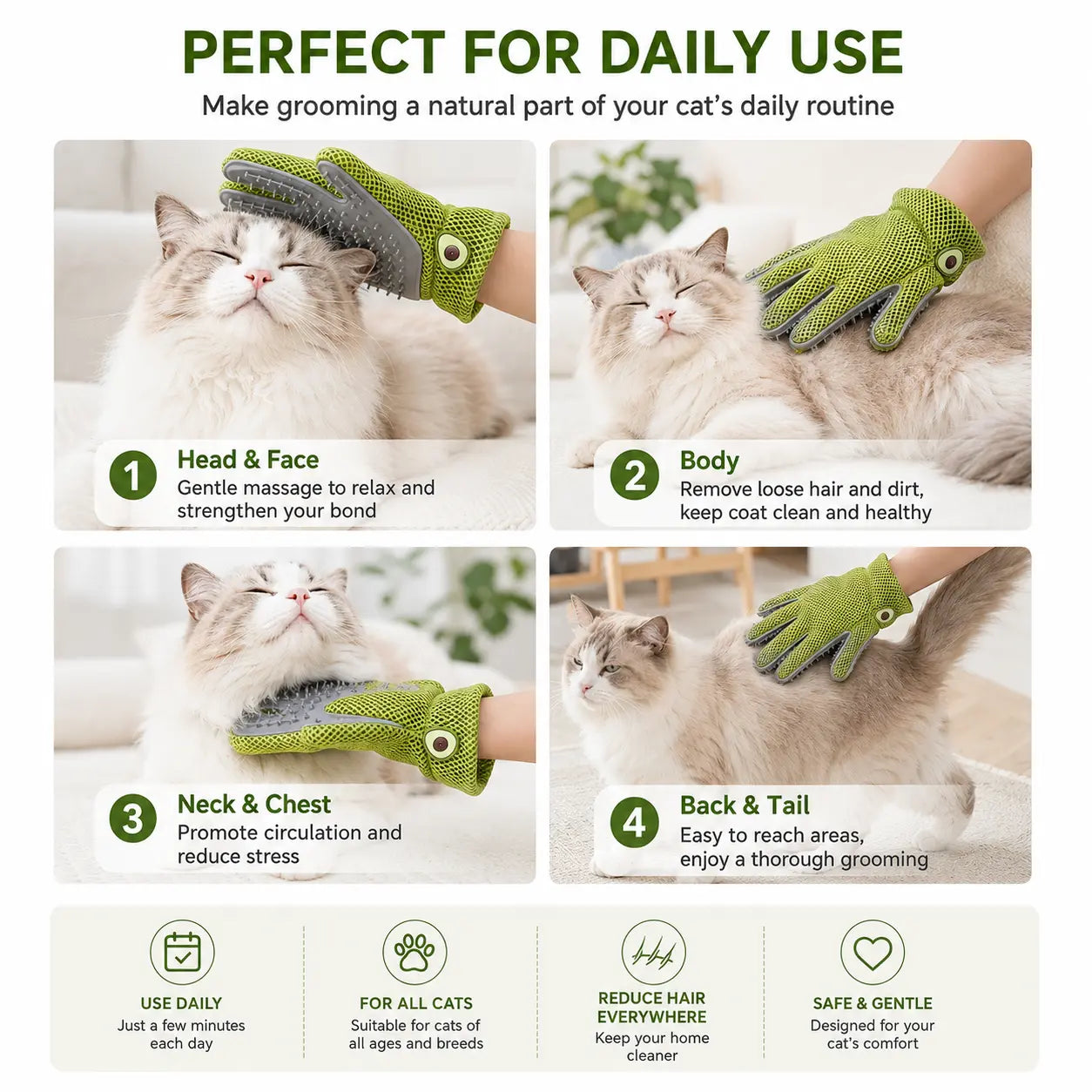 Pet Grooming Glove for Cats & Dogs - Soft Silicone Brush for Daily Grooming & Deshedding, Removes Loose Fur, Shedding Hair & Dirt, Provides Relaxing Massage to Keep Home Cleaner & Pets Happier
