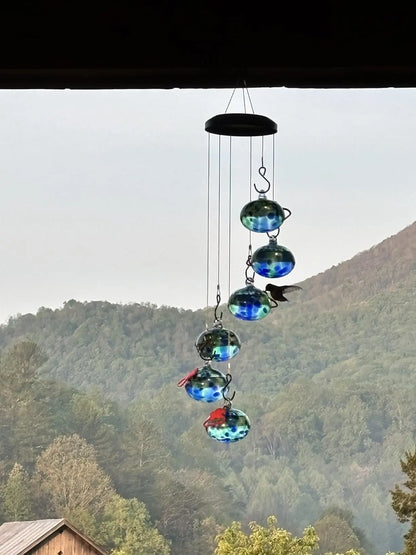 Hummingbird Feeder with Perch - 6 Hand-Blown Glass Feeders, 12 Silicone Flower Ports (Standard + Perch Style), Wind Chime Cascade Design, Outdoor Garden Decor, Mom & Grandma Gift