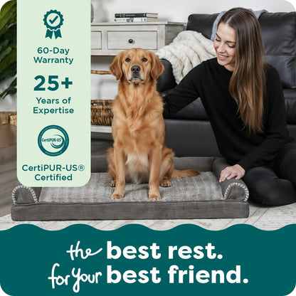 Orthopedic Dog Bed for Large/Medium Dogs W/ Removable Bolsters & Washable Cover, for Dogs up to 55 Lbs - Luxe Faux Fur & Performance Linen Sofa - Charcoal, Large