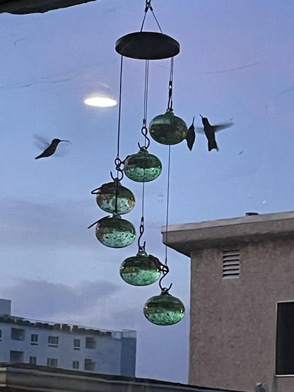 Hummingbird Feeder with Perch - 6 Hand-Blown Glass Feeders, 12 Silicone Flower Ports (Standard + Perch Style), Wind Chime Cascade Design, Outdoor Garden Decor, Mom & Grandma Gift