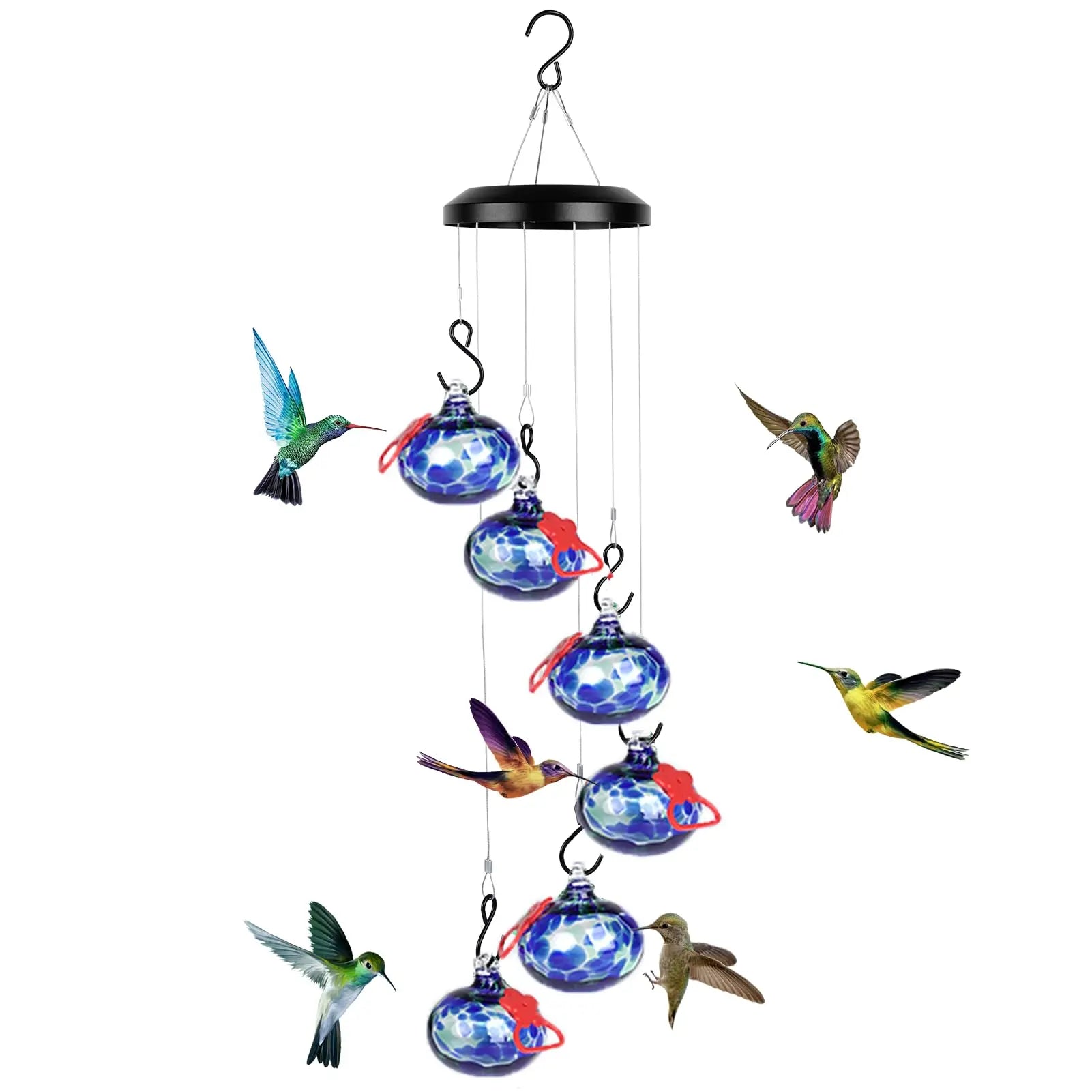 Hummingbird Feeder with Perch - 6 Hand-Blown Glass Feeders, 12 Silicone Flower Ports (Standard + Perch Style), Wind Chime Cascade Design, Outdoor Garden Decor, Mom & Grandma Gift