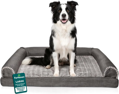 Orthopedic Dog Bed for Large/Medium Dogs W/ Removable Bolsters & Washable Cover, for Dogs up to 55 Lbs - Luxe Faux Fur & Performance Linen Sofa - Charcoal, Large