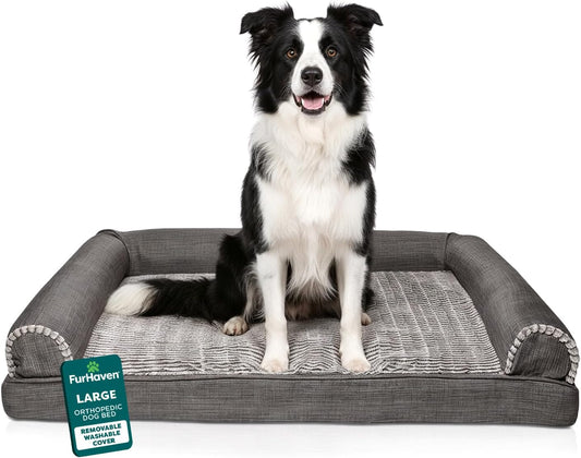 Orthopedic Dog Bed for Large/Medium Dogs W/ Removable Bolsters & Washable Cover, for Dogs up to 55 Lbs - Luxe Faux Fur & Performance Linen Sofa - Charcoal, Large