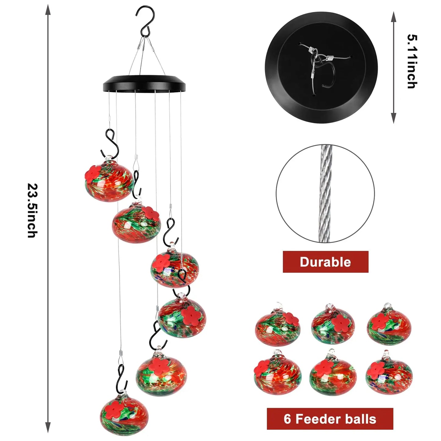 Hummingbird Feeder with Perch - 6 Hand-Blown Glass Feeders, 12 Silicone Flower Ports (Standard + Perch Style), Wind Chime Cascade Design, Outdoor Garden Decor, Mom & Grandma Gift