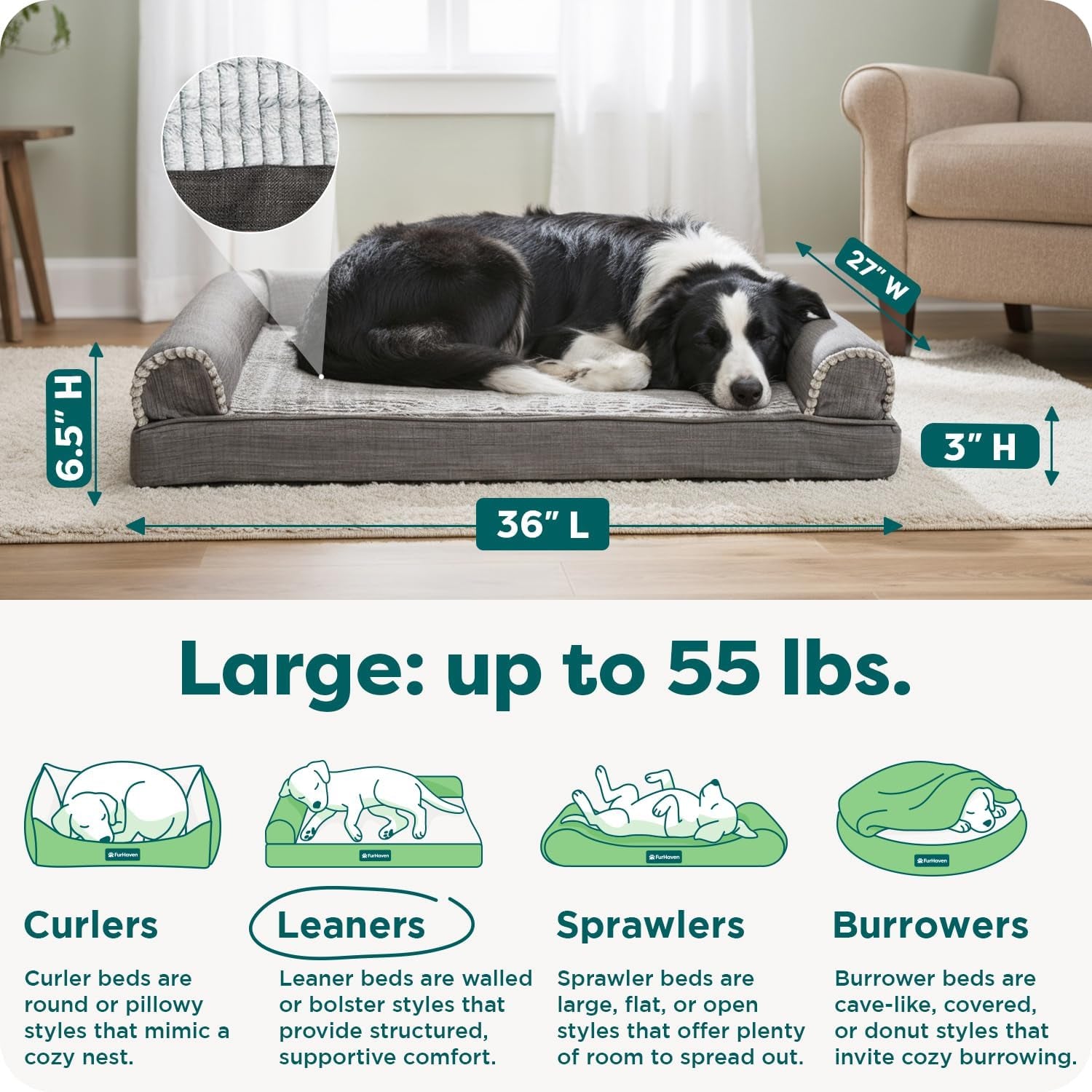 Orthopedic Dog Bed for Large/Medium Dogs W/ Removable Bolsters & Washable Cover, for Dogs up to 55 Lbs - Luxe Faux Fur & Performance Linen Sofa - Charcoal, Large