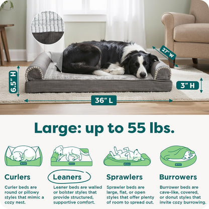 Orthopedic Dog Bed for Large/Medium Dogs W/ Removable Bolsters & Washable Cover, for Dogs up to 55 Lbs - Luxe Faux Fur & Performance Linen Sofa - Charcoal, Large
