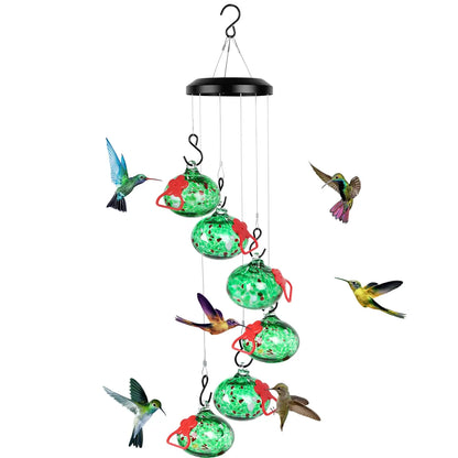 Hummingbird Feeder with Perch - 6 Hand-Blown Glass Feeders, 12 Silicone Flower Ports (Standard + Perch Style), Wind Chime Cascade Design, Outdoor Garden Decor, Mom & Grandma Gift