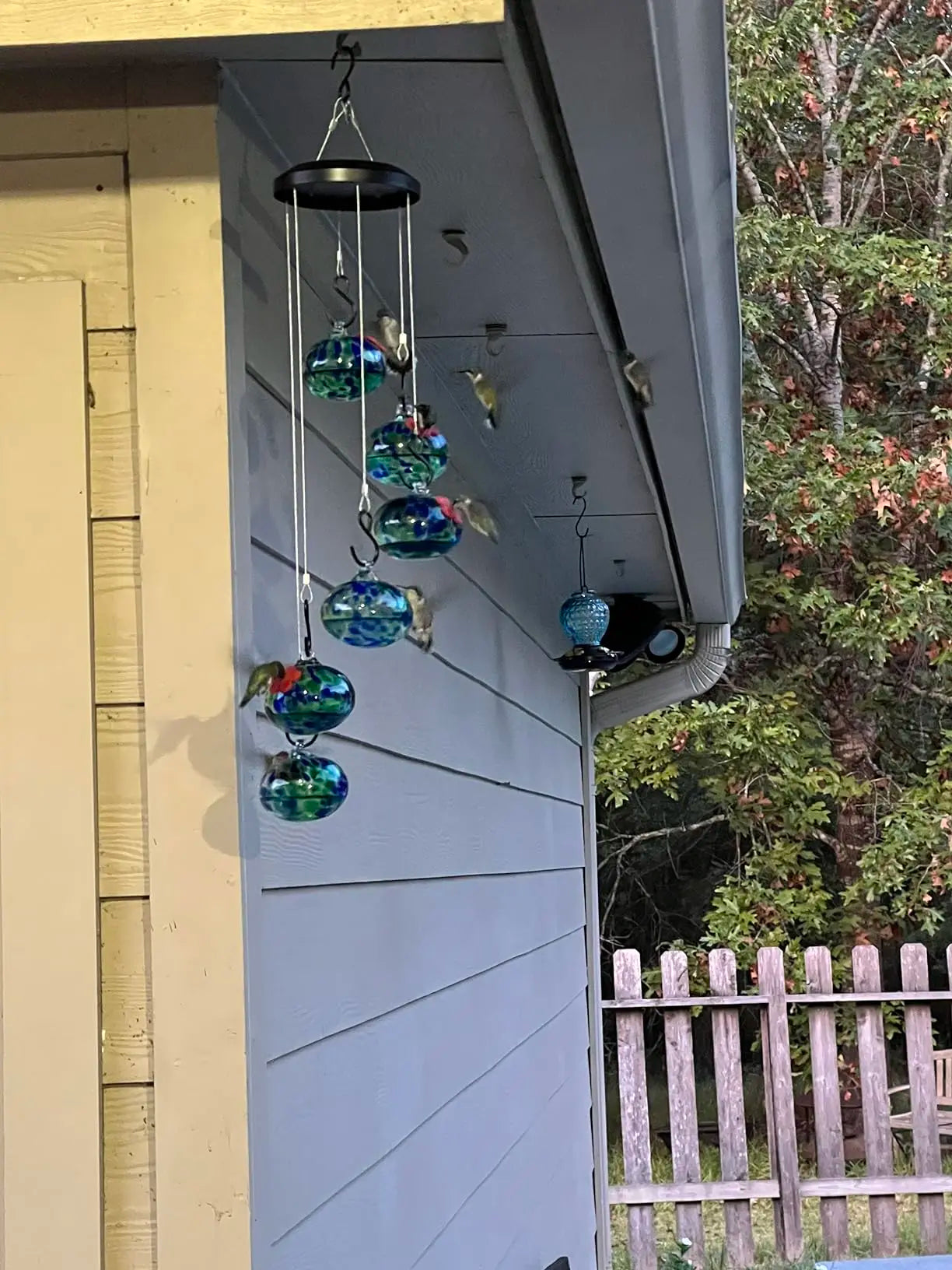 Hummingbird Feeder with Perch - 6 Hand-Blown Glass Feeders, 12 Silicone Flower Ports (Standard + Perch Style), Wind Chime Cascade Design, Outdoor Garden Decor, Mom & Grandma Gift