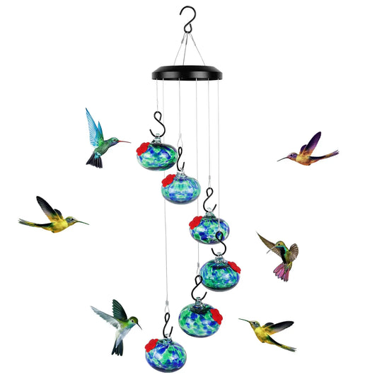 Hummingbird Feeder with Perch - 6 Hand-Blown Glass Feeders, 12 Silicone Flower Ports (Standard + Perch Style), Wind Chime Cascade Design, Outdoor Garden Decor, Mom & Grandma Gift